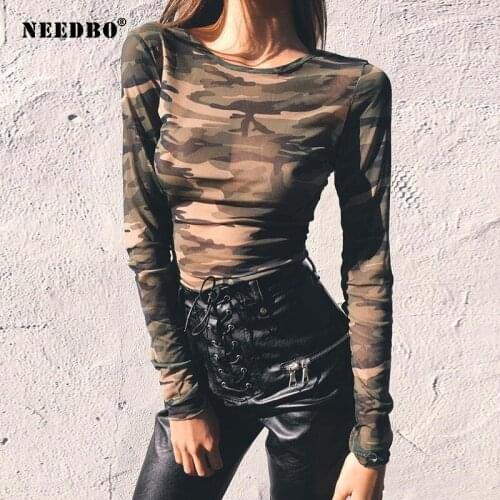 Women Crop Tops Summer Autumn Camouflage Print Tees T-shirt Fashion Basic Long Sleeve Clothes Female Sexy Short Women T Shirts