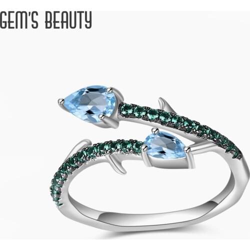 GEMS BEAUTY 925 Sterling Silver Adjustable Open Ring Beautiful Swiss Blue Topaz Gemstone thorns Ring For Women