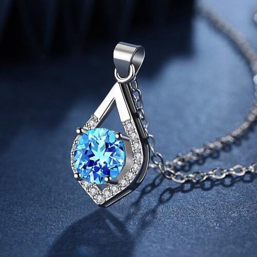 Fanqieliu Girls Birthday Gift Luxury Blue Crystal Heart Pendant Necklace 925 Sterling Silver For Women FQL20340
