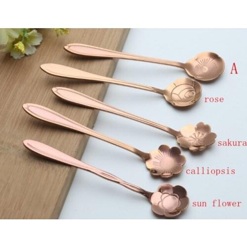 100pcs/lot Rose Gold color 12.5x2.5cm Stainless Steel Flower Coffee Spoon Tableware Rose Sunflower Plum Ice Cream Tea Spoons