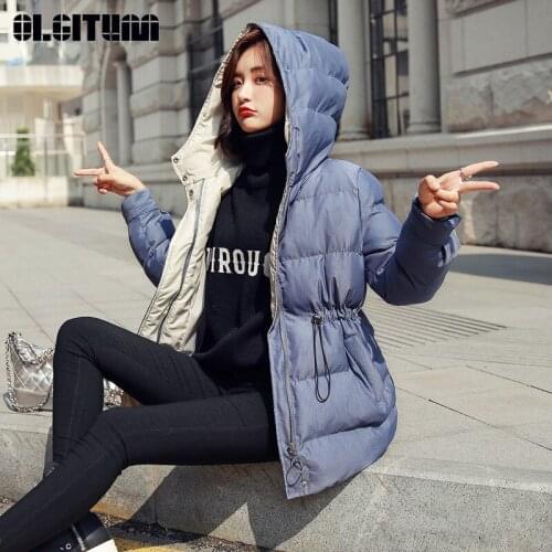 2020 Winter New Fashion Temperament Adjustable Waist Solid Hooded Slim Warm Women Cotton Coat Zipper and Pocket Mujer Casaco