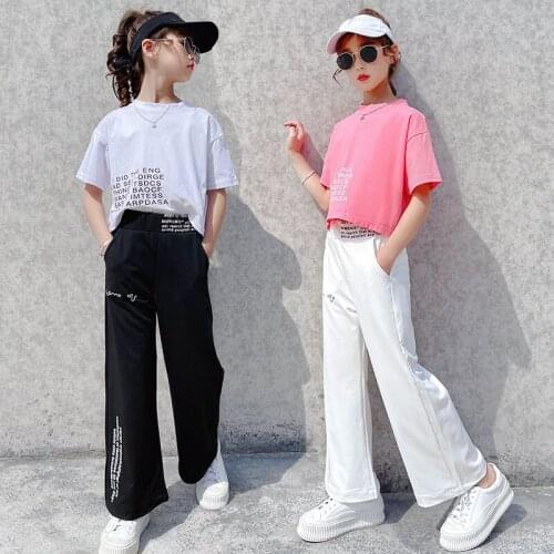 2021 Summer Girls Clothing Suit Fashion Letters Simple Korean Version Of Loose Casual T-Shirt + Wide-Leg Pants Kids Teens Sets