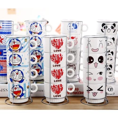 4pcs With the Iron Frame Mug Folding Cup Tower Home Furnishing Ceramic Cup of Milk Cup Coffee Cup Cartoon Mugs