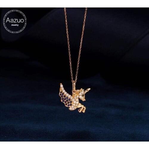Aazuo 100% Real 18K Rose Gold Real Diamond Natrual Sapphire Lovely Unicorn Necklace With Chain gifted for Women 18 Inch Au750