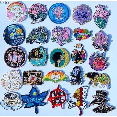Prajna Diamond Skull Rainbow Letter Patch Punk Van Gogh Embroidery Patches for Clothing Stickers Iron On Patches on Clothes