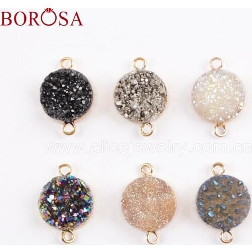 BOROSA 5PCS Round Gold Plated Titanium Agates Druzy Connectors Rainbow Drusy Double Loops Necklace Pendant DIY Earrings G1695