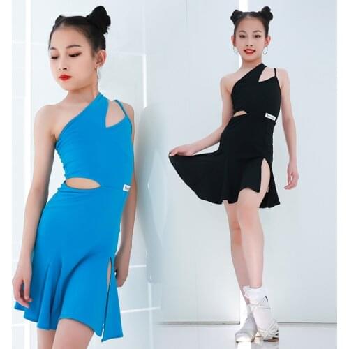 Summer New Latin Dance Dress Girls Cut Out Slit Black Dresses Kids Samba Cha Cha Practice Dress Child Latin Dance Clothes BL6293