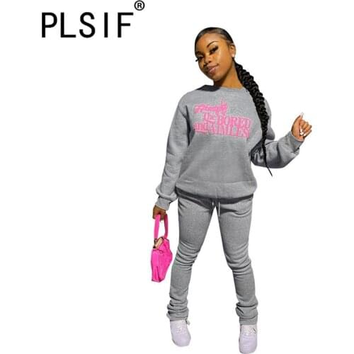 European Fashion O Neck Letter Print Pant Set Long Sleeve 2 Pieces Sweatsuit Outfits