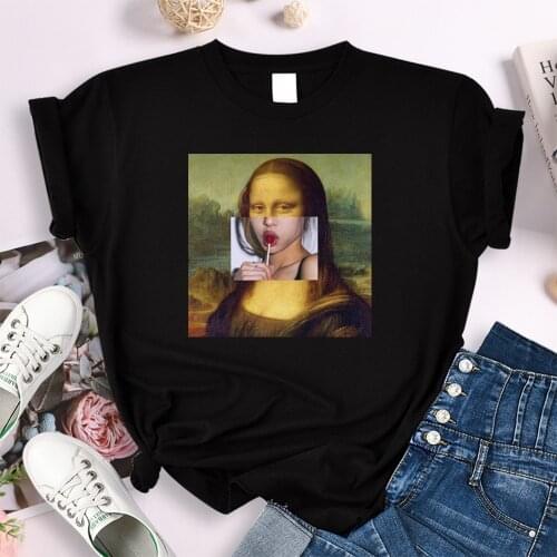 Womens T Shirt Mona Lisa Eating Candy After Changing Her Face Funny Print Tees Women Big Size Loose Tops Harajukua Female Tshirt