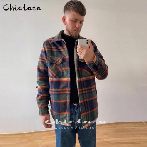 Plaid Jacket Mens Autumn Winter Casual Fleece Warm Slim Fit Shirt Coats Male