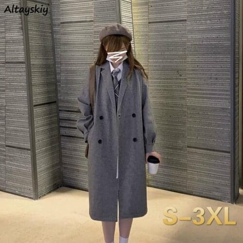 Blends Women Simple Oversized 3XL Solid Warm Pockets All-match Preppy Style Elegant Slim Teens Charm Classy Tender Harajuku Chic