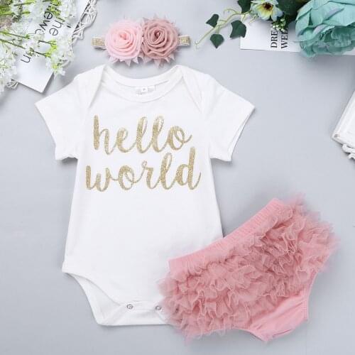 Iiniim Infantil Baby Girls Hello World Outfit Short Sleeves Romper with Bloomers Headband Set for Newborns Photo Party Clothing