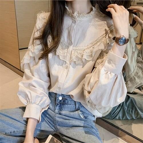 Sweet Women Lantern Sleeve Blouse Lace Stitching Autumn Shirt Loose Casual Long Sleeve Cardigan Tops