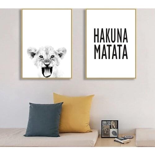 Hakuna Matata Quote Canvas Painting Wildlife Animal Black White Posters and Prints Wall Art Pictures for Living Room Home Decor