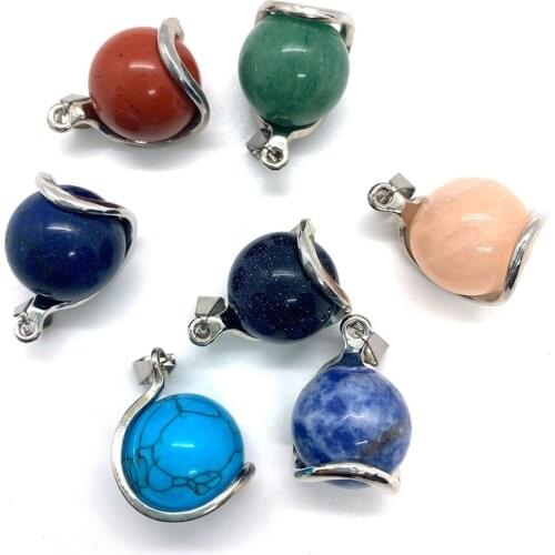 Natural Stone Spherical Pendant Pink Crystal Lapis Lazuli Opal Agate Crystal for DIY Jewelry Making Necklace Bracelet Pendant
