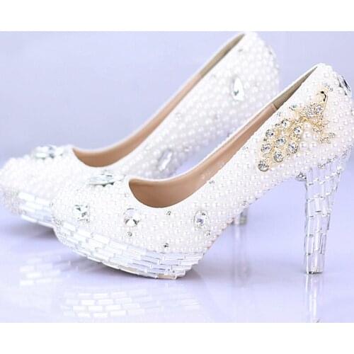 Rhinestone Popular Bridal Dress Shoes Silver Crystal Heel Ladies High Heel Handmade Fashion White Pearl Wedding Shoes