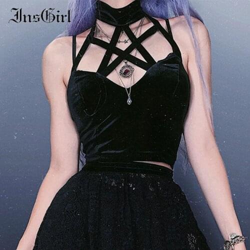 InsGirl Sexy Dark Gothic Camis Women Velvet Pentagram Bandage Halter Crop Tank Tops Streetwear Punk Black Backless Bodycon Vest