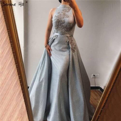 Silver Dubai Sleeveless Sexy Evening Dresses 2020 Beading Sequined Mermaid Evening Gowns Design Real Photo LA70215