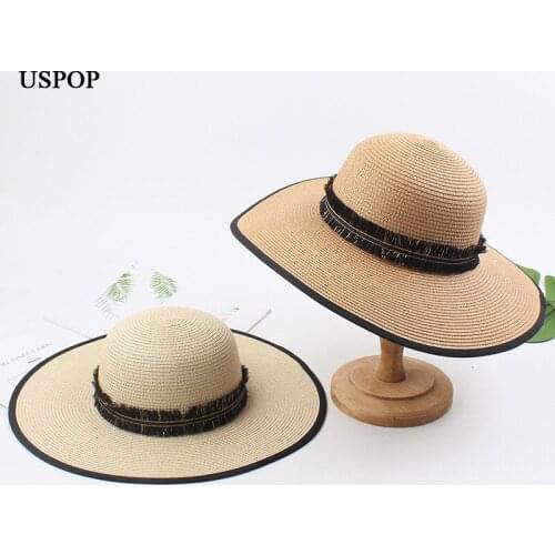 USPOP 2020 summer sun hats Women wide brim straw hats collapsible beach hat tassel ribbon black rim straw sun hat