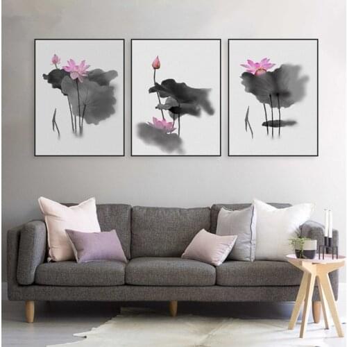 Modern Watercolor Chinese Calligraphy Ink Lotus Canvas A4 Art Print Poster Asian Pictures Wall Decor Paintings