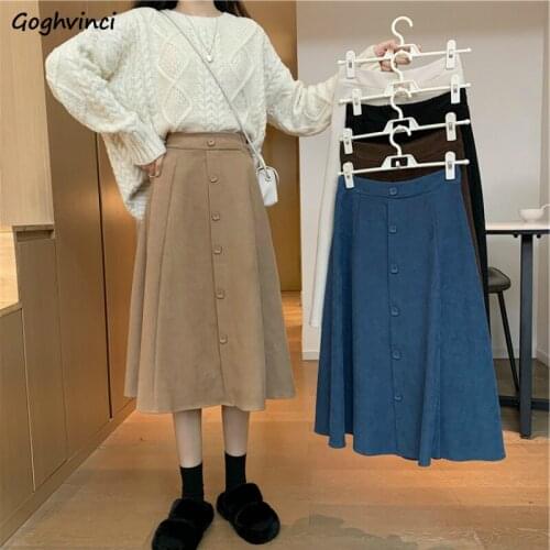 Women Solid Mid-calf Skirt Female A-line Stylish Formal Office Leisure Elegant Career Trendy Corduroy Elastic High Waist Chic