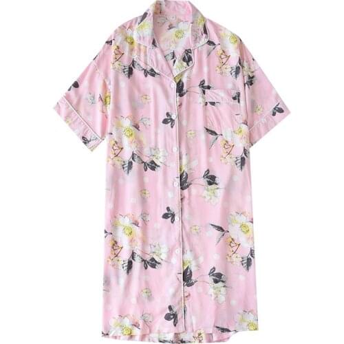 Women Summer Cotton Cardigan Nightdress Loose Women Short Sleeve Nightgown Cartoon Floral Print Sleep Dress Nachtkleding Vrouwen