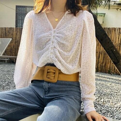 Women Chic Lace Blouses Fashion Hollow Out Flower Long Sleeve Tops Blouses 2020 Summer Female V-Neck Elegant Button Blouses