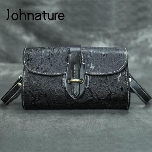 Johnature Retro Handmade Embossed Women Bag 2020 New Genuine Leather Shoulder & Crossbody Bags Leisure Female Messenger Bag