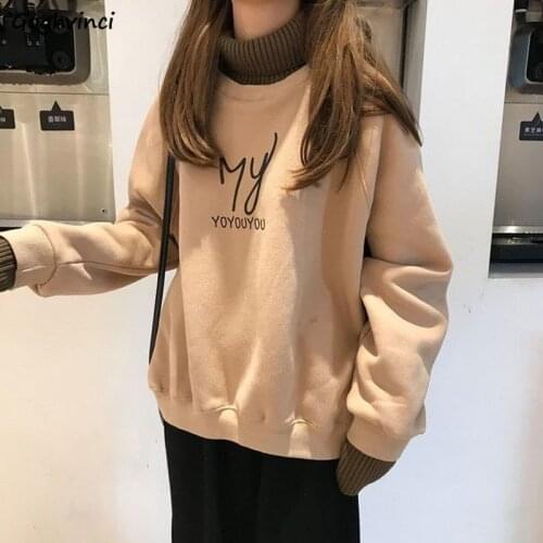 No Hat Hoodies Women Turtle-neck Letter Printed Fake Two Piece Winter Warm Outwear Students Harajuku Chic Thickening Sweatshirts