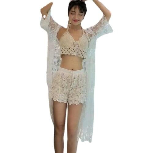 Summer beach 3pcs sets women holiday hook hollow out lace sets women Hollow Out swiming 3pcs sets