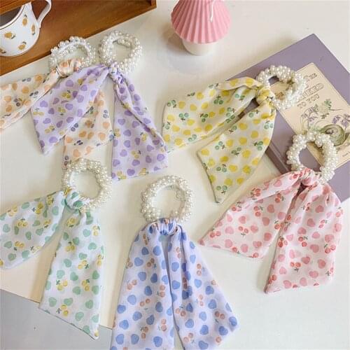 Pearl Women Hair Bands Flower Hair Scrunchies Streamer Ponytail Holder Hair Ties Retro Rubber Bands Sweet Cute Hair Accessories
