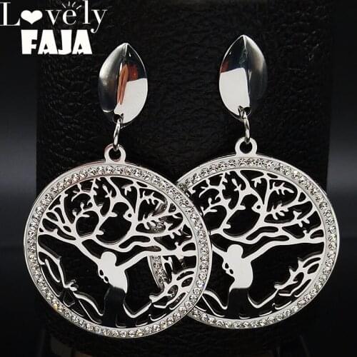 2021 Fashion Couple Tree Of Life Crystal Stainless Steel Stud Earrings for Women Silver Color Earring Jewelry pendiente E612753