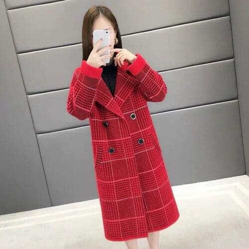 Imitation water velvet jacket womens sweater cardigan in the long section of the new autumn and winter thick loose plaid coat