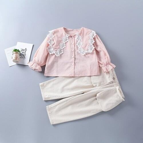 2-7 years high quality girl clothing set 2020 new autumn pink yellow plaid shirt + Stretch & Spandex pant kid children clothing