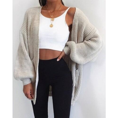 Women Autumn Lantern Sleeves Sweater Cardigan Solid Color Open Front Knitted Outwear Loose Midi Long Coat with Pockets
