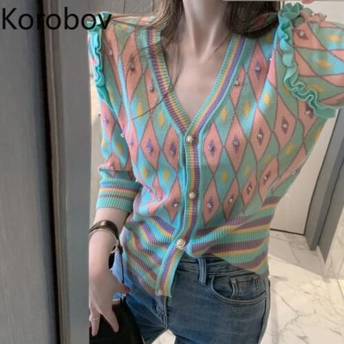 Korobov 2021 New Summer Thin Knitted Women Cardigans Korean Short Sleeve V Neck Sweaters Vintage Elegant Outwear Knitwear