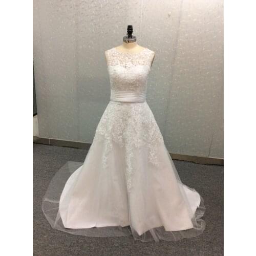 Elegant Long 2 in 1 A-Line Lace Wedding Dresses O-Neck Illusion Back Custom Court Train Bridal Gown For Women