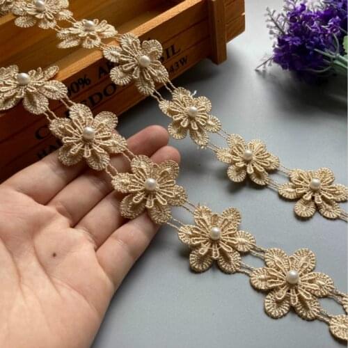 1 yard 3.5cm Gold Pearl Flower Polyester Fabric Lace Trim Ribbon Wedding Embroidered Applique Trimmings Sewing Craft Baby Dress
