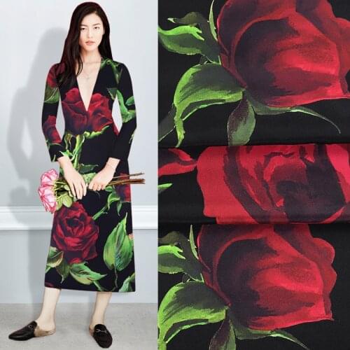 108CM 28MM Big Red Rose Print Stretch Black Heavy Silk Crepe Fabric for Spring Summer Dress Blouse Skirt Shirt Pants JH088