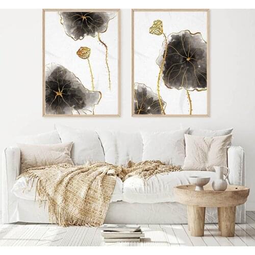 Abstract Chinese Ink Lotus Leaf Gold Line Line Art Luxury Style Wall Painting Print Decorative Picture Modern Home Decor