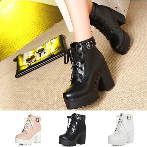 LIN KING Big Size Lace Up Women Motorcycle Boots Thick Sole Square Heel Round Toe Woman Ankle Botas Ladies Platform Short Shoes