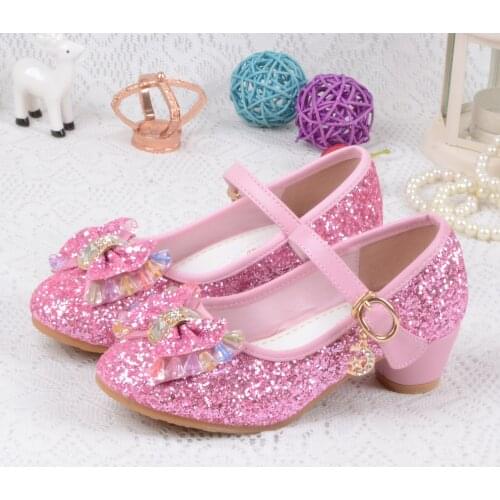 Princess Kids Girls Leather Shoes Bowkont Casual Glitter Children High-heeled Girls Shoes Sequins Shiny Dance Performance Shoes