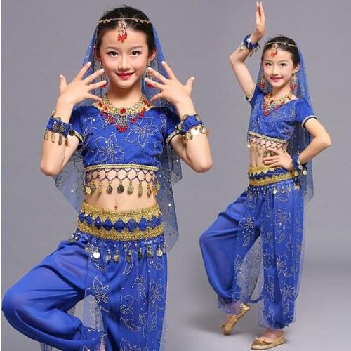 Childrens Day India Belly Dance Performance Costume Kids Short Sleeve National Dancing Clothes Child Bollywood Dance Wear H4589