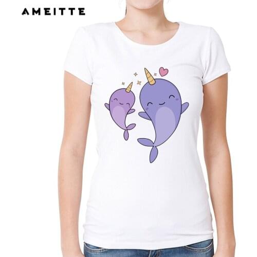 AMEITTE Funny Kawaii Two Narwhals T Shirt Summer Cute Animals Print T-shirt Harajuku Tees For Women White Geek Style Tops Female
