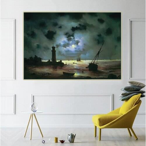 Holover Ivan Aivazovsky"Sea coast at night.Near the beacon" Canvas Oil Painting Poster Artwork Wall Art Aesthetic Home Decor