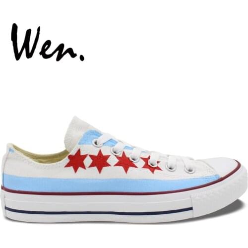 Wen Hand Painted Shoes Original Design Custom Chicago Flag Men Womens Low Top Canvas Sneakers For Boys Girls Birthday Gifts