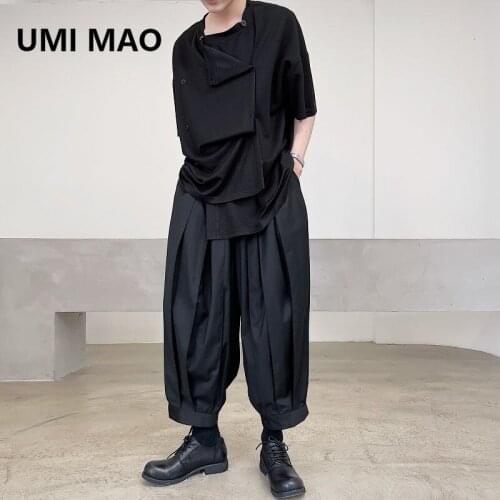 UMI MAO Yamamoto Style Personality Pleated Beam Mouth Tie Dark Trend Nine-point Pants Men Women Pantalones Hombre