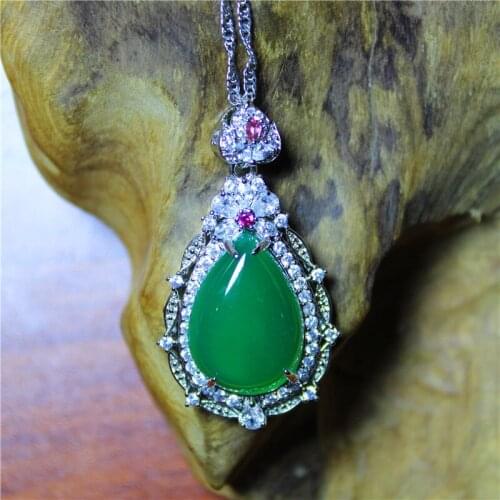 Exquisite Fashion Engagement Jewelry Inlaid Green Agate Silver Plated Full Zircon Necklace For Woman Luxury Namour Charm Gift