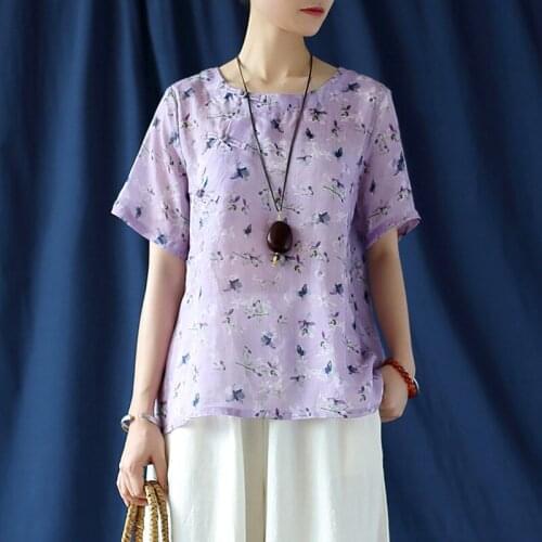 Johnature Women Chinese Style Shirts Ramie Print Floral Button Blouses 2021 New Summer O-Neck Short Sleeve Vintage Female Shirts