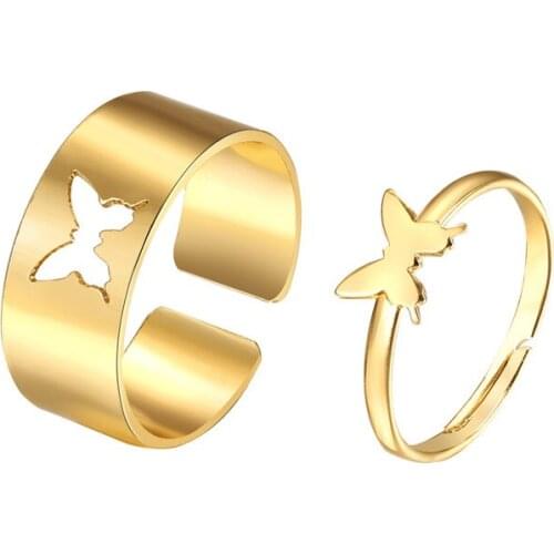 2 Pcs Ring Set Couple Rings Butterfly Matching Rings For Women Men Wedding Ring For Lovers Valentines Gift Statement Jewelry